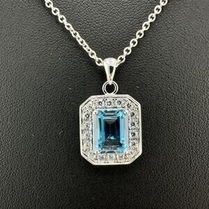 Gold Coast Emerald Cut Topaz CZ Halo Platinum Plated Pendant 21" Necklace